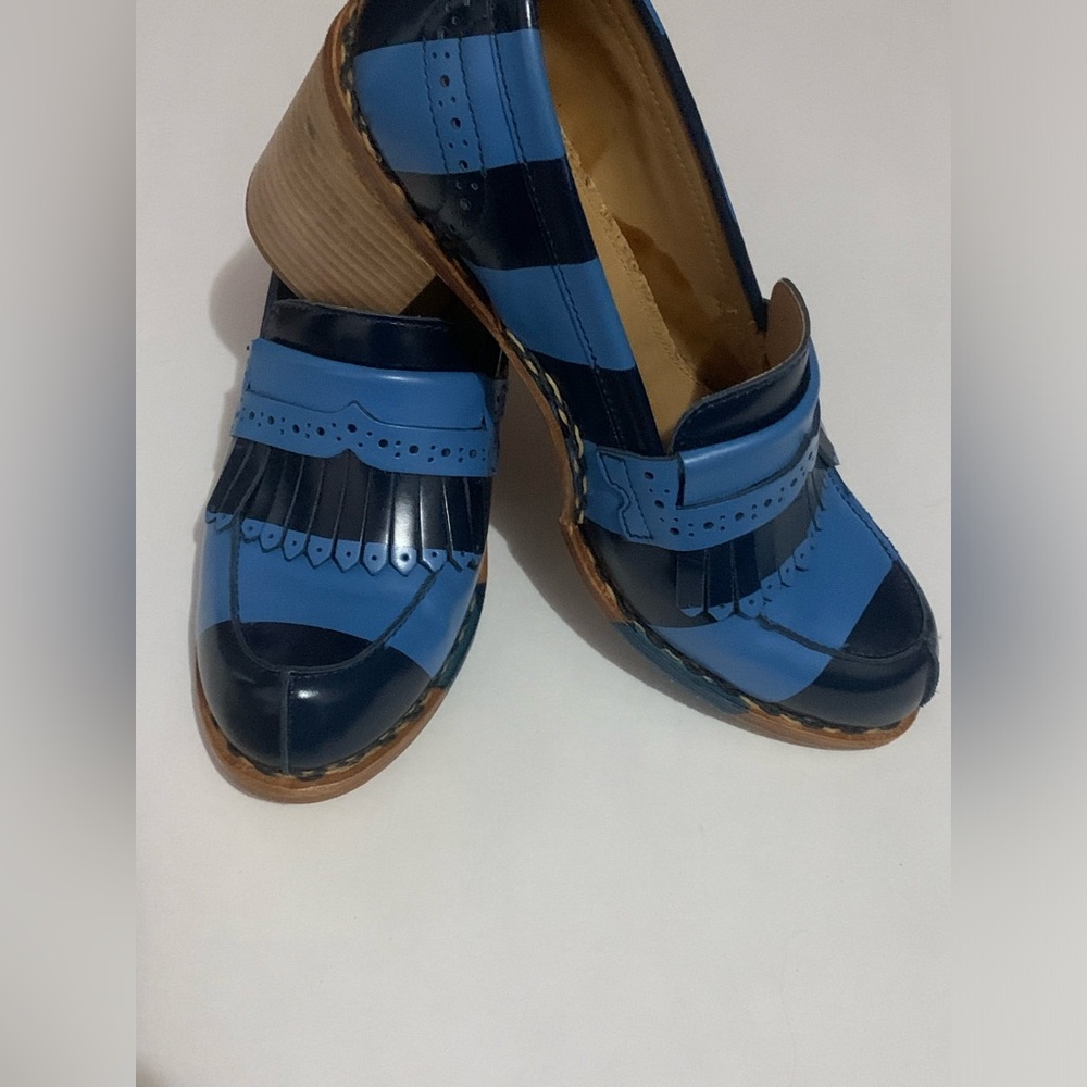 The Office of Angela Scott Blue and Black Loafer Heels